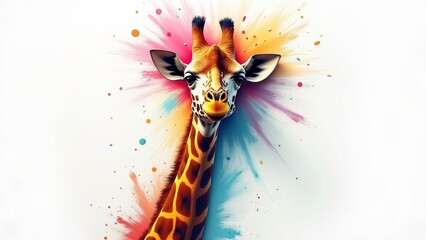 A close-up portrait of a giraffe with realistic features, splashes of vibrant acrylic paint in orange, teal, pink, and yellow accenting its neck and head, white background