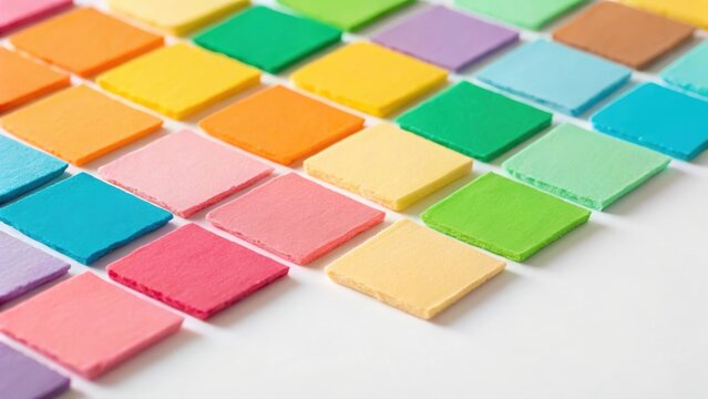 Soft focus vibrant ripped paper blocks creating artistic patchwork on white backdrop
