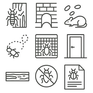 Pest Inspection Icons. Line style icons of pest inspection: termite damage icon, pest entry point, rodent droppings icon, nest in