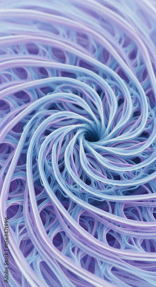 Poster abstract swirl of light blue and purple strands, creating a hypnotic vortex effect, showcasing a dyn