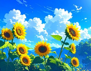 ilustration 青空とひまわりのイラスト generative AI