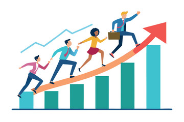 Teamwork and growth business people ascending upward arrow graph isolated on white background