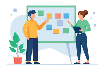 Two people collaborating on a project using a whiteboard with sticky notes isolated on white background