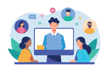 Diverse group of people participating in a video conference call isolated on white background