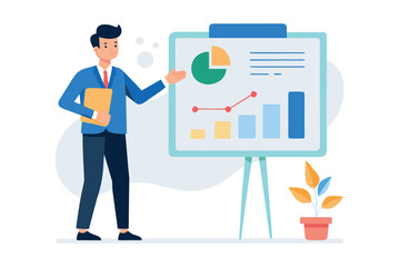 Man in suit presenting financial data charts on a whiteboard isolated on white background