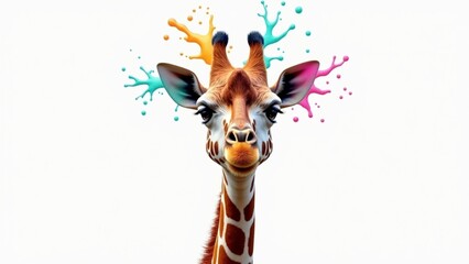 A close-up portrait of a giraffe with realistic features, splashes of vibrant acrylic paint in orange, teal, pink, and yellow accenting its neck and head, white background