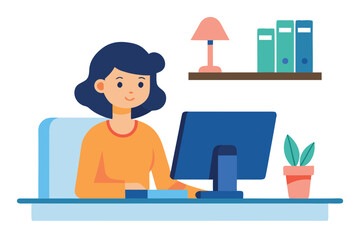 Young woman working on a computer at her desk isolated on white background