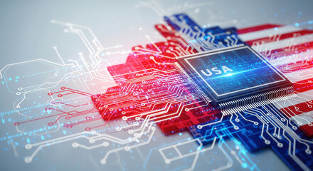 Futuristic USA-themed microchip on a red, white, and blue circuit board design, symbolizing American tech power and Independence Day pride.