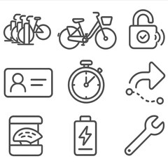 Smart Bike Share Icons. Outline style icons of Smart Bike Share: dock station, smart bike, RFID lock, membership card, ride time