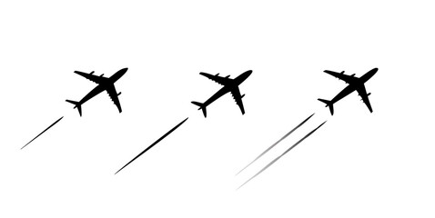 Airplane silhouette vector art flying in formation with contrails design black