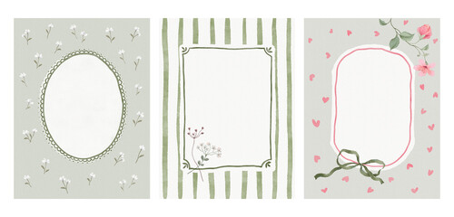 Watercolor set of whimsy frames with branches, green bow and hearts on delicate simple backgrounds. Collection prints for your text, photo or design card. Hand drawn illustration.