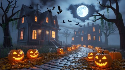 Haunted Forest at Night with Glowing Jack-o’-Lanterns and Foggy Atmosphere