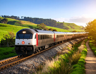 Fototapeta premium Scenic Train Journey Through Lush Green Hills