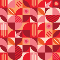 Contemporary seamless pattern with simple geometric shapes in pink and red colors. Stylish abstract background in Scandinavian style for print, design, fabric. Vector illustration