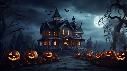 Haunted Forest at Night with Glowing Jack-o’-Lanterns and Foggy Atmosphere