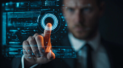 Man in suit touching transparent digital UI, futuristic concept