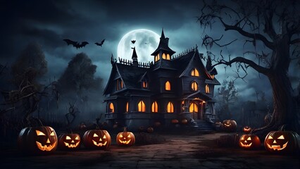 Haunted Forest at Night with Glowing Jack-o’-Lanterns and Foggy Atmosphere