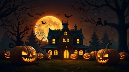 Haunted Forest at Night with Glowing Jack-o’-Lanterns and Foggy Atmosphere