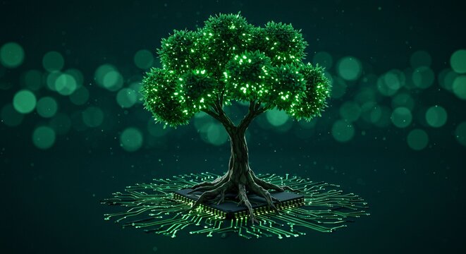 Green glowing tree with roots on a circuit board symbolizing technology and nature