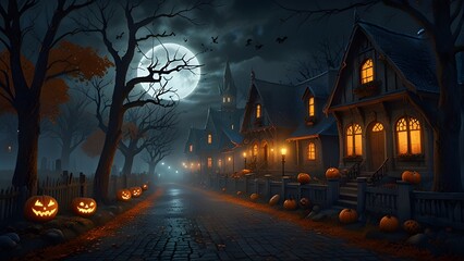 Haunted Forest at Night with Glowing Jack-o’-Lanterns and Foggy Atmosphere