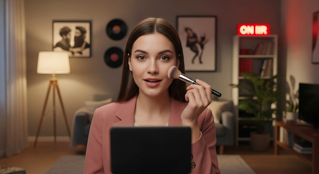 Young woman applying makeup with a brush while filming content in a stylish studio with on air sign