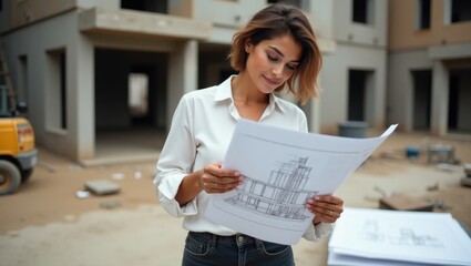 Arquitecta profesional revisa planos en obra. Planificadora experta y enfocada, diseña diseños de edificios innovadores y sostenibles