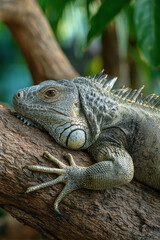 Obraz premium Iguana Resting on Tree Limb Dense Tropical Background