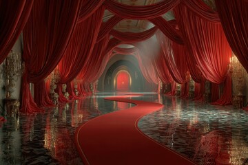 Luxurious red drapery and reflective floors create an enchanting atmosphere in a grand hall