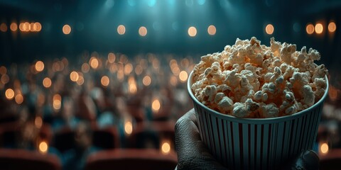 Enjoying popcorn in a packed theater during a late-night screening with vibrant lights and an excited audience