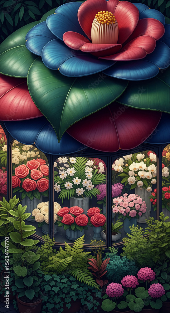 Poster floral kiosk with diverse blooms showcased under a large camellia-like structure, creating a vibrant