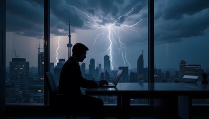 Businessman working late in office during thunderstorm over city skyline at night time