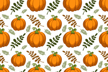 Seamless pattern with colorful autumn leaves, pumpkins. Autumn atmosphere. Vector illustration hand drawn on white background.