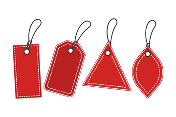 Set of red sale tags. Blank price labels with stitched borders and strings. Vector illustration template for shopping, discount, or gifts.