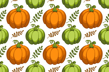 Seamless pattern with colorful autumn leaves, pumpkins. Autumn atmosphere. Vector illustration hand drawn on white background.