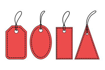 Set of red sale tags. Blank price labels with stitched borders and strings. Vector illustration template for shopping, discount, or gifts.