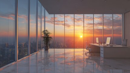 Modern office interior with panoramic sunset view, large windows overlooking city skyline, elegant furniture and tranquil atmosphere for creative workspace