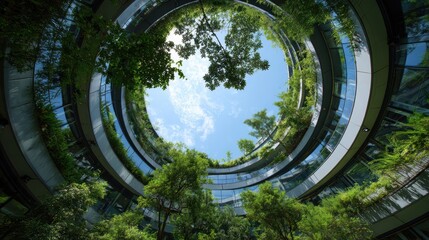 Unique urban architecture with circular green terrace, blue sky, vertical gardens, and modern design creating a sustainable environment for city living.