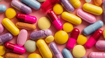 Pile of mixed medicine pills, colorful capsules and tablets, top view