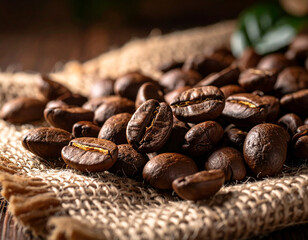 Fototapeta premium A close-up of Zambian coffee beans, dark and roasted, scattered on a burlap sack, indicating rich aroma.