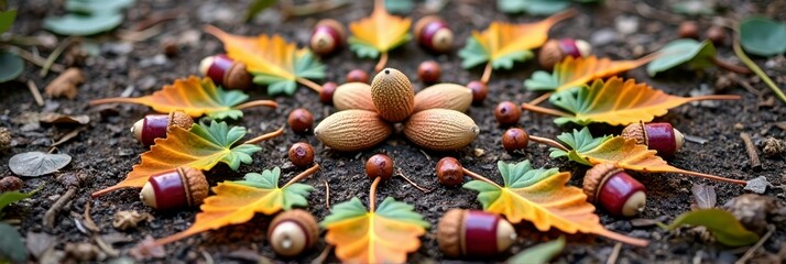 Symmetrical autumn mandala with acorns, almonds, and colorful leaves on forest floor
