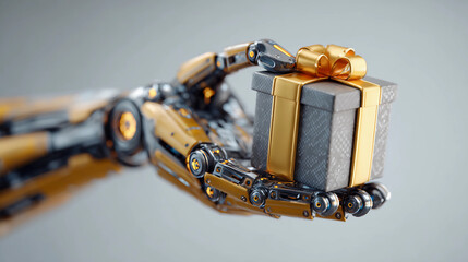 Robot arm holding a gift, futuristic surprise box delivery