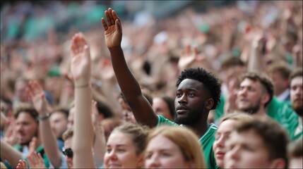 Diverse group of fans excitedly raising hands, cheering during a lively sporting event in a packed stadium.