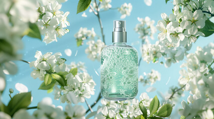 Elegant Floral Perfume Bottle with White Blossoms and Blue Sky – Fresh Spring Fragrance Concept