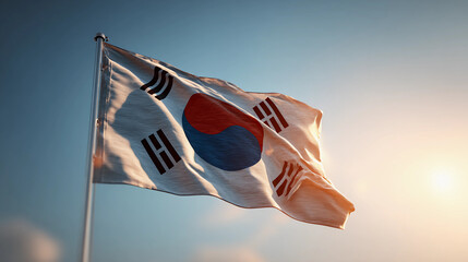 South Korean flag waving in the wind, patriotic theme, clear sky