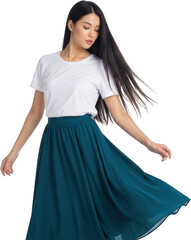 Naklejka premium Young Asian woman with long black hair wearing a white t shirt and flowing teal skirt transparent background