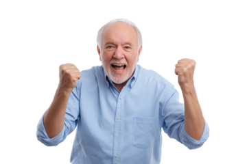 Joyful senior man celebrating success with  clenched fist and open mouth smile  isolated on white background