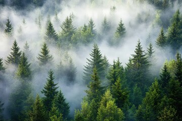 Fototapeta premium A dense evergreen forest shrouded in mist, creating a serene and mystical atmosphere.