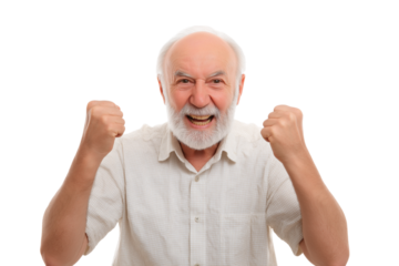 elderly man joyfully celebrating moment of triumph  isolated on white background