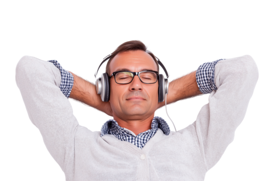 man in glasses relaxing while listening to music through headphones with his eyes closed isolated on white background