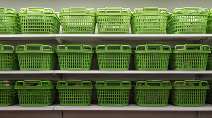 Stacking green shopping baskets, minimalistic store display
